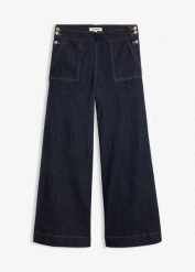 Jeansy wide leg z wysokim stanem i naszywanymi kieszeniami. Niebieskie jeansy bonprix, bez wzorów, z jeansu, z podwyższonym stanem. Za 129.99 zł.