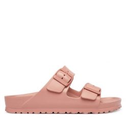 Klapki Birkenstock. Czerwone klapki Birkenstock, bez wzorów, bez obcasa, bez zapięcia. Za 229.99 zł.