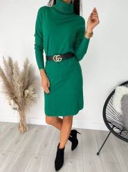 Zielona Sweterkowa Tunika z Golfem 8804-182-G. Zielone tuniki ModnaKiecka.pl, l, bez wzorów, z elastanu, eleganckie, z asymetrycznym kołnierzem, bez ramiączek. Za 104.99 zł.