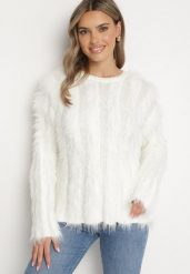 Biały Sweter z Dłuższym Włosiem z Domieszką Wełny Liashira. Białe swetry Born2be, bez wzorów, z jeansu, eleganckie, bez ramiączek. W wyprzedaży za 84.99 zł.
