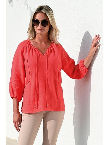 Bleu d'Azur Lniana bluzka "Shanti" w kolorze koralowym rozmiar: 36/38. Czerwone bluzki Bleu d'Azur, w ażurowe wzory, ze lnu, klasyczne, bez kołnierzyka, bez ramiączek. Za 96.14 zł.