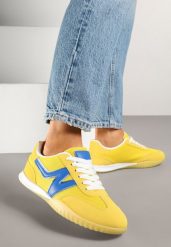 Żółte Sneakersy Typu Klasyczne Tenisówki Zdobione Przeszyciami Elanioria. Żółte trampki Renee, z aplikacjami, z jeansu, biznesowe, bez zapięcia. W wyprzedaży za 75.99 zł.