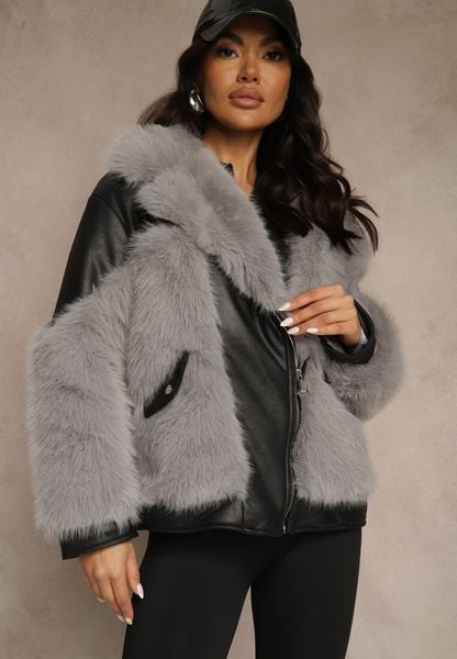 Szara Kurtka o Kroju Ramoneski z Futrem Sevre. Szare kurtki Renee, l, bez wzorów, z jeansu, rockowe, bez kaptura. Za 259.99 zł.