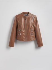 Kurtka z imitacji skóry - beżowy. Brązowe kurtki Reserved, l, bez wzorów, ze skóry, bez kaptura. Za 359.99 zł.