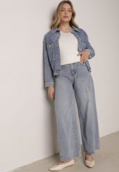 Niebieskie Szerokie Jeansy z Bawełną i Wiskozą Zdobione Przeszyciami Harida. Niebieskie jeansy Born2be, l, z aplikacjami, z bawełny, eleganckie, z podwyższonym stanem. Za 99.99 zł.