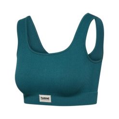 Kobiece bezszwowe biustonosze prążkowane Hummel Pulse. Zielone biustonosze sportowe Hummel, bez wzorów, prążkowane, na fitness i siłownię. Za 186.00 zł.