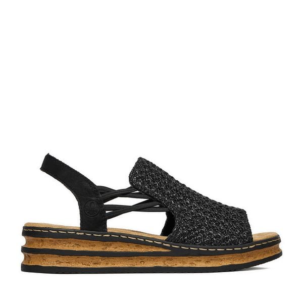 Sandały Rieker. Czarne sandały Rieker, bez wzorów, bez obcasa, na koturnie, bez zapięcia. Za 319.99 zł.