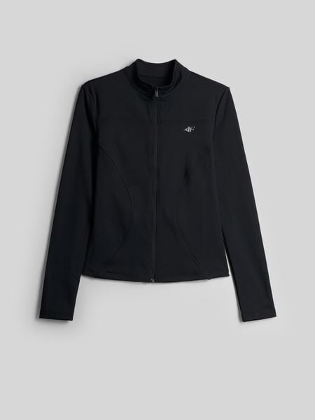 4F Bluza slim bez kaptura damska - czarna M. Czarne bluzy 4f, m, bez wzorów, z dzianiny, bez kaptura, na fitness i siłownię. Za 189.99 zł.