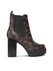 Guess Botki FL8EEA FAL10 Brązowy. Brązowe botki Guess, z aplikacjami, ze skóry, bez obcasa, na słupku, bez zapięcia. Za 579.99 zł.