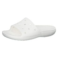 Klapki damskie Crocs Classic Slide. Białe klapki Crocs, bez wzorów, z materiału, sportowe, bez obcasa, bez zapięcia. W wyprzedaży za 111.95 zł.