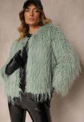 Miętowa Futerkowa Kurtka o Prostym Kroju z Zapięciem na Haftki Sialithiel. Zielone kurtki Renee, l, bez wzorów, eleganckie, bez kaptura. W wyprzedaży za 115.49 zł.