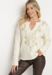 Jasnobeżowy Sweter z Wełną Ozdobiony Metaliczną Nicią Senatira. Brązowe swetry Born2be, m, z aplikacjami, z jeansu, biznesowe, bez ramiączek. W wyprzedaży za 135.99 zł.