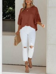 Milan Kiss Bluzka w kolorze jasnobrązowym rozmiar: M. Brązowe bluzki Milan Kiss, m, bez wzorów, bez kołnierzyka, bez ramiączek. Za 113.99 zł.