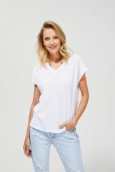 Bluzka z dekoltem w serek. Białe bluzki MOODO, m, bez wzorów, z bawełny, bez kołnierzyka, bez ramiączek. W wyprzedaży za 9.99 zł.