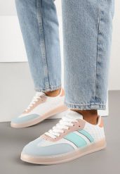 Biało-Niebieskie Sneakersy Typu Tenisówki z Ozdobnymi Paskami Amodelle. Białe trampki Born2be, bez wzorów, z jeansu, eleganckie, bez zapięcia. W wyprzedaży za 76.49 zł.