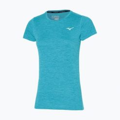Koszulka do biegania damska Mizuno Impulse Core Tee. Niebieskie t-shirty sportowe Mizuno, uniwersalny, bez wzorów, z materiału, bez ramiączek, do biegania. Za 62.99 zł.