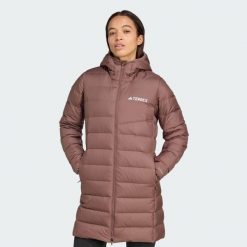 Parka Terrex Multi Light Down Hooded 2.0. Brązowe płaszcze adidas, bez wzorów, z puchu, sportowe, bez kaptura. Za 899.00 zł.