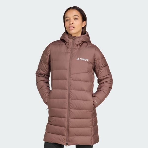 Parka Terrex Multi Light Down Hooded 2.0. Brązowe płaszcze adidas, bez wzorów, z puchu, sportowe, bez kaptura. Za 899.00 zł.