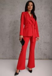 Czerwony Komplet o Garniturowym Kroju z Marynarką z Wiązaniem i Spodniami Falestra. Czerwone marynarki i żakiety Renee, m, bez wzorów, casualowe, bez ramiączek. Za 219.99 zł.