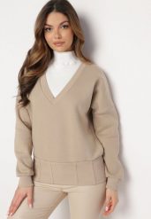 Beżowa Bawełniana Bluza z Dekoltem w Serek Gitra. Brązowe bluzy Born2be, bez wzorów, z bawełny, bez kaptura. W wyprzedaży za 84.99 zł.