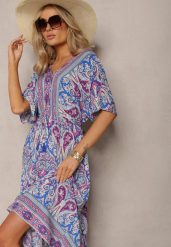 Niebiesko-Fuksjowa Wiskozowa Sukienka Maxi z Gumką w Pasie Ozdobiona Wzorem Paisley Larite. Niebieskie sukienki Renee, l, bez wzorów, z wiskozy, bez kołnierzyka, bez ramiączek, maxi. W wyprzedaży za 76.99 zł.
