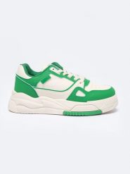 Sneakersy damskie ze skóry ekologicznej beżowo-zielone NN274671 801. Brązowe buty sportowe lifestyle BIG STAR, bez wzorów, z jeansu, eleganckie, bez zapięcia. Za 159.99 zł.