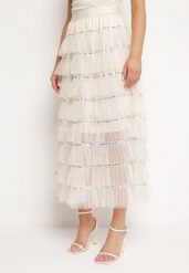Beżowa Spódnica Maxi o Rozkloszowanym Fasonie Ozdobiona Falbankami i Cekinami Meepa. Brązowe spódnice Born2be, m, bez wzorów, z materiału, maxi, rozkloszowane. Za 149.99 zł.