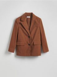 Marynarka oversize z imitacji zamszu - miedziany. Brązowe marynarki i żakiety Reserved, l, bez wzorów, bez ramiączek. W wyprzedaży za 119.99 zł.
