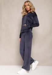 Granatowy Welurowy Komplet Dresowy z Bluzą i Szerokimi Spodniami Anelivs. Niebieskie bluzy Renee, l, bez wzorów, z dresówki, bez ramiączek, z kapturem. W wyprzedaży za 83.99 zł.