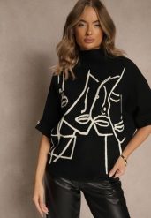 Czarny Golf o Pudełkowym Kroju z Krótkim Rękawem Zdobiony Grafiką Uninasea. Czarne swetry Renee, z aplikacjami, z jeansu, bez ramiączek. Za 79.99 zł.