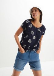 T-shirt z okrągłym dekoltem i nadrukiem, z bawełny organicznej. Niebieskie t-shirty bonprix, bez wzorów, z bawełny, bez kołnierzyka, bez ramiączek. Za 59.99 zł.