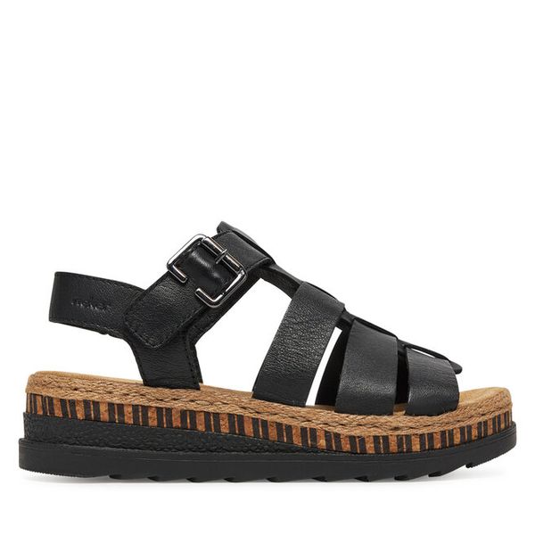 Sandały Rieker. Czarne sandały Rieker, bez wzorów, bez obcasa, na koturnie, bez zapięcia. Za 349.99 zł.