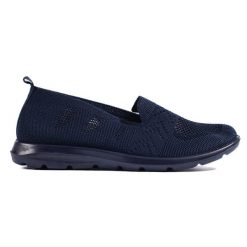 Granatowe tekstylne slip on damskie niebieskie. Niebieskie baleriny bez wzorów, bez obcasa, bez zapięcia. Za 87.93 zł.