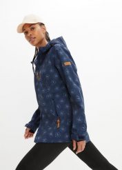 Kurtka softshell w kwiaty, z materiału odpychającego wodę. Niebieskie kurtki przejściowe sportowe bonprix, bez wzorów, z softshellu, bez kaptura. Za 219.99 zł.