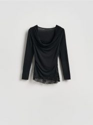 Bluzka z koronkową wstawką - czarny. Czarne bluzki Reserved, l, bez wzorów, z dzianiny, bez kołnierzyka, bez ramiączek. Za 79.99 zł.