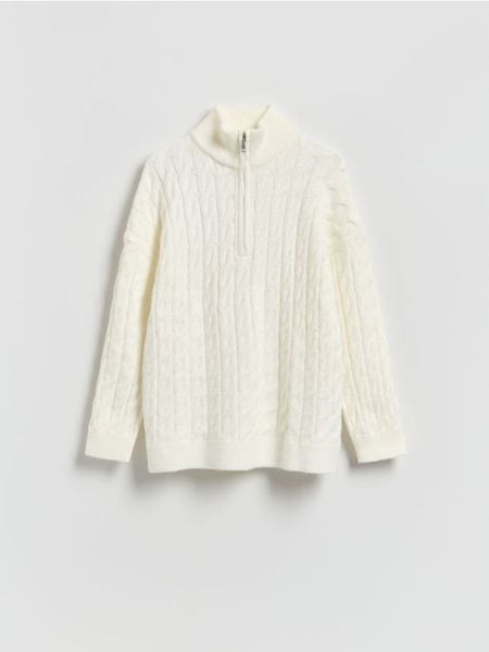 Sweter z zapięciem na zamek - kremowy. Białe swetry Reserved, l, bez wzorów, z dzianiny, bez ramiączek. Za 159.99 zł.