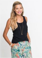 Tank top z koronką. Czarne topy bonprix, bez wzorów, z koronki, klasyczne, bez kołnierzyka, bez ramiączek. Za 42.99 zł.