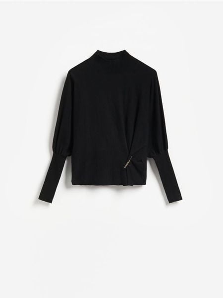 Sweter z ozdobnym detalem - czarny. Czarne swetry Reserved, l, bez wzorów, z dzianiny, bez ramiączek. Za 129.99 zł.
