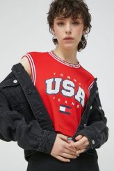 Tommy Jeans top damski kolor czerwony. Czerwone topy Tommy Jeans, l, bez wzorów, z jeansu, bez kołnierzyka, bez ramiączek. Za 249.99 zł.