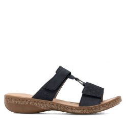 Klapki Rieker. Niebieskie klapki Rieker, bez wzorów, bez obcasa, bez zapięcia. Za 289.99 zł.