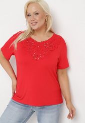 Czerwony T-shirt Koszulka z Krótkim Rękawem z Dekoltem Ozdobionym Koronką i Cyrkoniami Lovita. Czerwone t-shirty Born2be, l, z aplikacjami, z koronki, eleganckie, bez kołnierzyka, bez ramiączek. Za 59.99 zł.