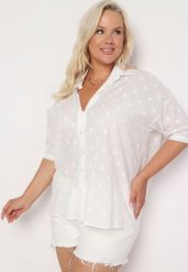 Biała Bawełniana Koszula z Krótkim Rękawem w Ozdobne Kropki Tinasenna. Białe koszule Born2be, plus size, bez wzorów, z bawełny, biznesowe, bez kołnierzyka, plus size, bez ramiączek. Za 99.99 zł.