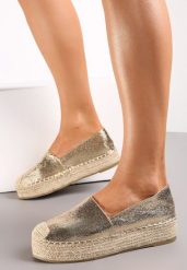 Złote Plecione Espadryle na Grubej Podeszwie z Lakierowaną Cholewką Noem. Żółte espadryle Renee, bez wzorów, z lakierowanej skóry, bez obcasa, na platformie. W wyprzedaży za 95.99 zł.