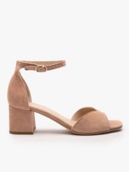 Brudnoróżowe sandały na słupku. Czerwone sandały Ryłko, bez wzorów, ze skóry, eleganckie, z okrągłym noskiem, bez obcasa, na obcasie, bez zapięcia. Za 399.99 zł.