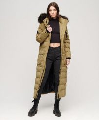 Długi płaszcz z kapturem z futerka sztucznego SUPERDRY. Brązowe płaszcze Superdry, bez wzorów, z bawełny, eleganckie, z kapturem. Za 749.05 zł.