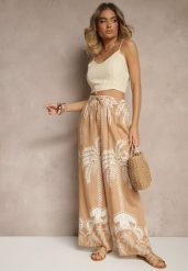 Ciemnobeżowe Spodnie z Wiskozy o Szerokim Kroju High Waist z Palmami Varritia. Brązowe jeansy Renee, bez wzorów, z jeansu, eleganckie, z podwyższonym stanem. W wyprzedaży za 29.99 zł.