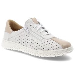 Półbuty damskie Wasak, z perforowaną cholewką na lekkiej elastycznej podeszwie z bocznym zamkiem i subtelnymi wstawkami, białe, 0812. Białe półbuty wsuwane Wasak, bez wzorów, ze skóry, biznesowe, bez obcasa. Za 305.90 zł.
