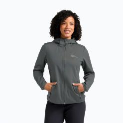 Kurtka softshell damska Jack Wolfskin Windhain Hoody. Zielone kurtki przejściowe sportowe Jack Wolfskin, l, bez wzorów, z softshellu, bez kaptura, wspinaczkowe. Za 379.99 zł.