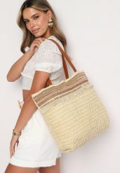 Beżowa Torebka Shopperka Wykończona Plecionką i Frędzlami w Stylu Boho Rivaniane. Brązowe shopper bag Born2be, bez wzorów, z jeansu, biznesowe, bez dodatków. W wyprzedaży za 63.74 zł.