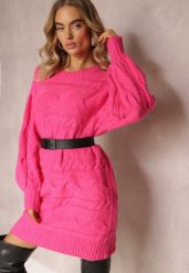 Fuksjowy Długi Sweter Oversize z Wypukłym Splotem All Over Somet. Czerwone swetry Renee, bez wzorów, ze splotem, casualowe, bez ramiączek. Za 79.99 zł.